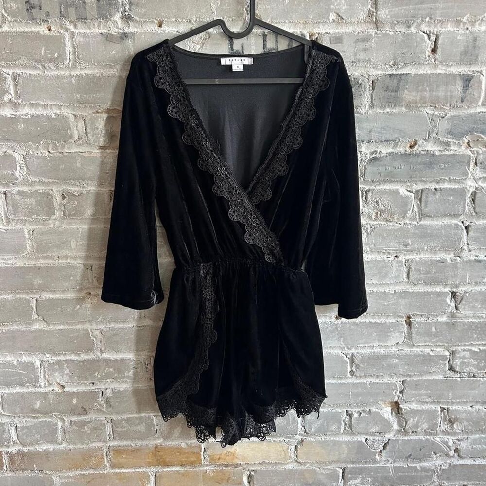 Favlux Black Velvet Lace Trim V-Neck Romper Wide Sleeve Size Small